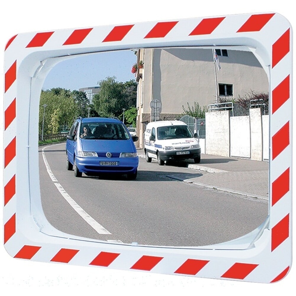Produktabbildung: SPL Verkehrsspiegel, für 2 Richtungen, H400xB600mm Kunststoff, rot/weiss, 9 m