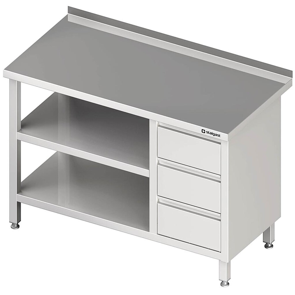 Stalgast Arbeitstisch mit Grund- und Zwischenboden, 800x600x850 mm, mit 3er Schubladenblock rechts, mit Aufkantung, verschweisst Produktabbildung: Stalgast Arbeitstisch mit Grund- und Zwischenboden, 800x600x850 mm, mit 3er Schubladenblock rechts, mit Aufkantung, verschweisst