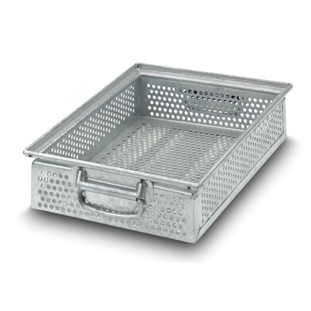 Drehstapelbehälter aus Stahlblech, mit feiner Lochung Ø 5 mm, HxBxT 150 x 300 x 200 mm Produktabbildung: Drehstapelbehälter aus Stahlblech, mit feiner Lochung Ø 5 mm, HxBxT 150 x 300 x 200 mm