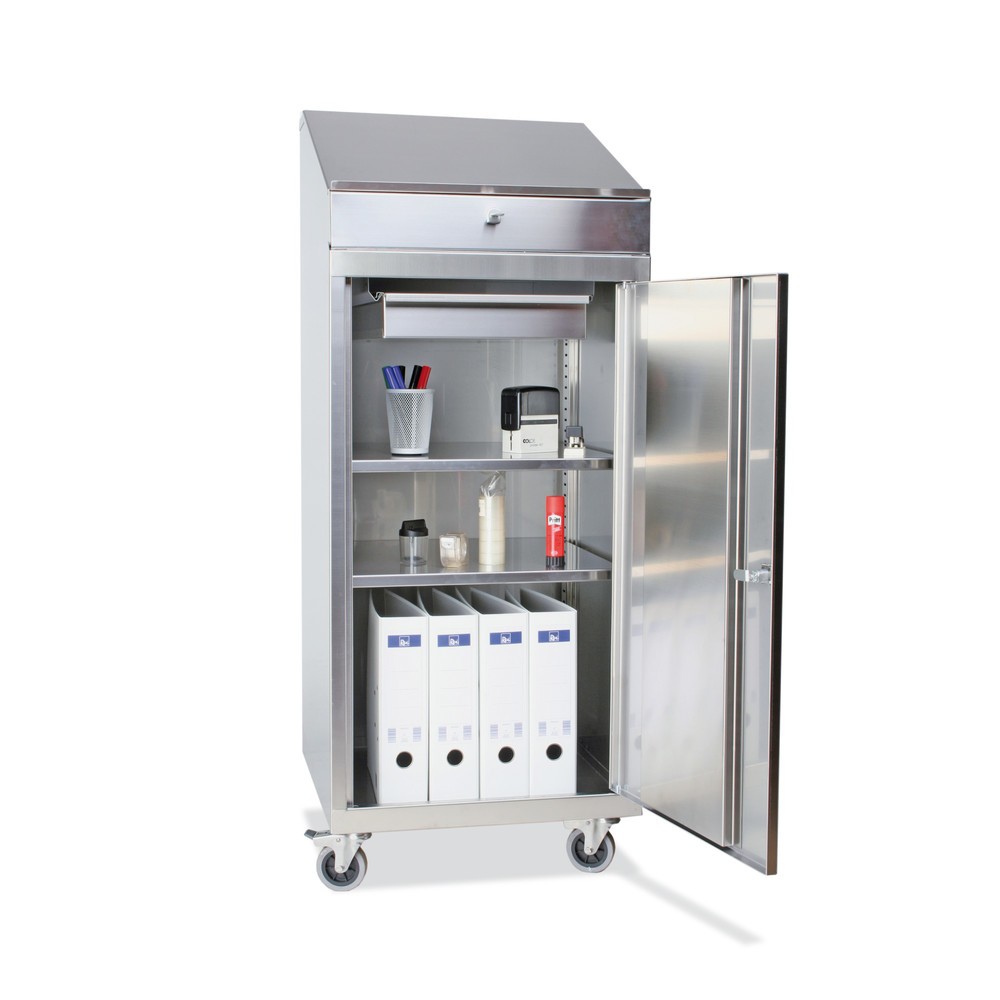 Produktabbildung: Reinsch Stehpult aus Edelstahl, 2 Fachböden, 1 Schublade, HxBxT 1.340 x 500 x 500 mm, Rollen