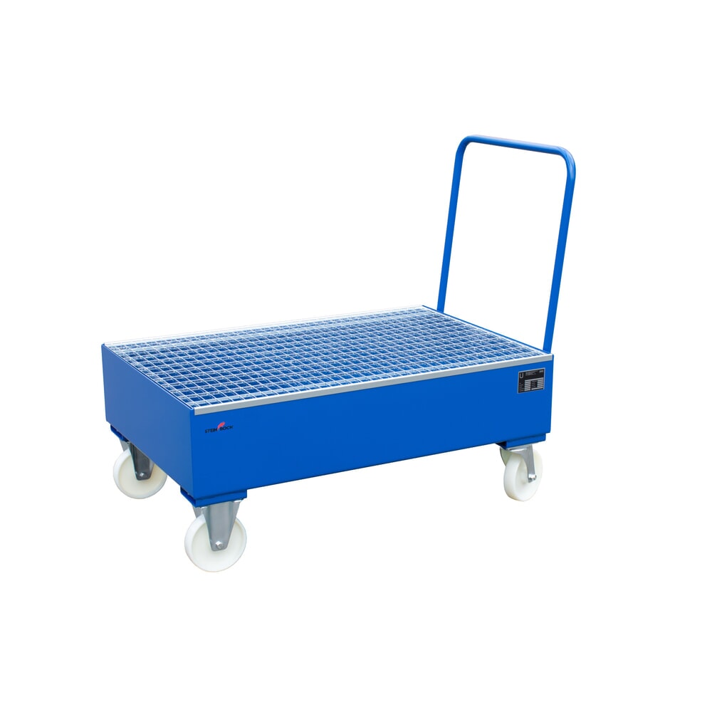 Produktabbildung: Steinbock® Auffangwanne aus Stahl für 200-Liter-Fässer, verfahrbar, blau