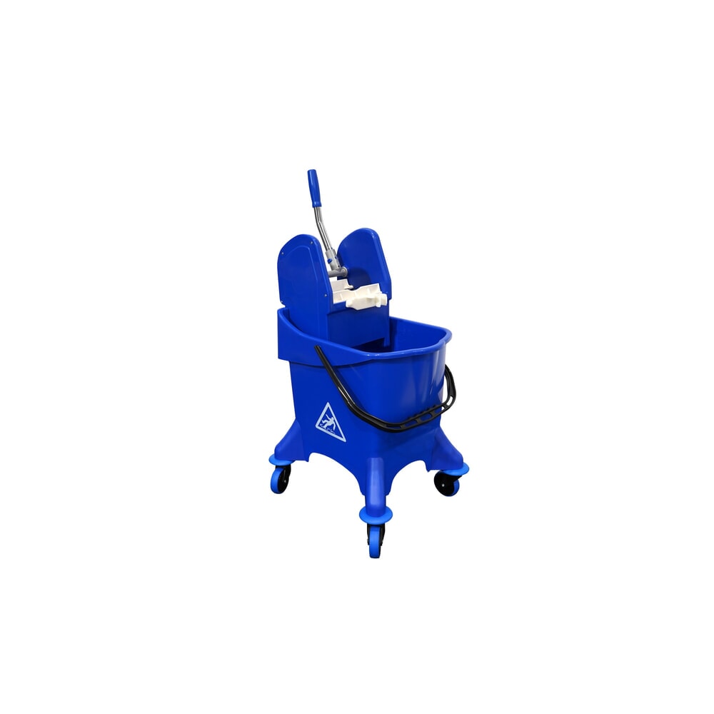 Produktabbildung: Steinbock® Reinigungswagen-Einsteiger-Set, Einfach-Fahreimer 30 Liter, 5x Baumwollmopp 400 mm, 2-teiliger Chromstiel und Klapphalter
