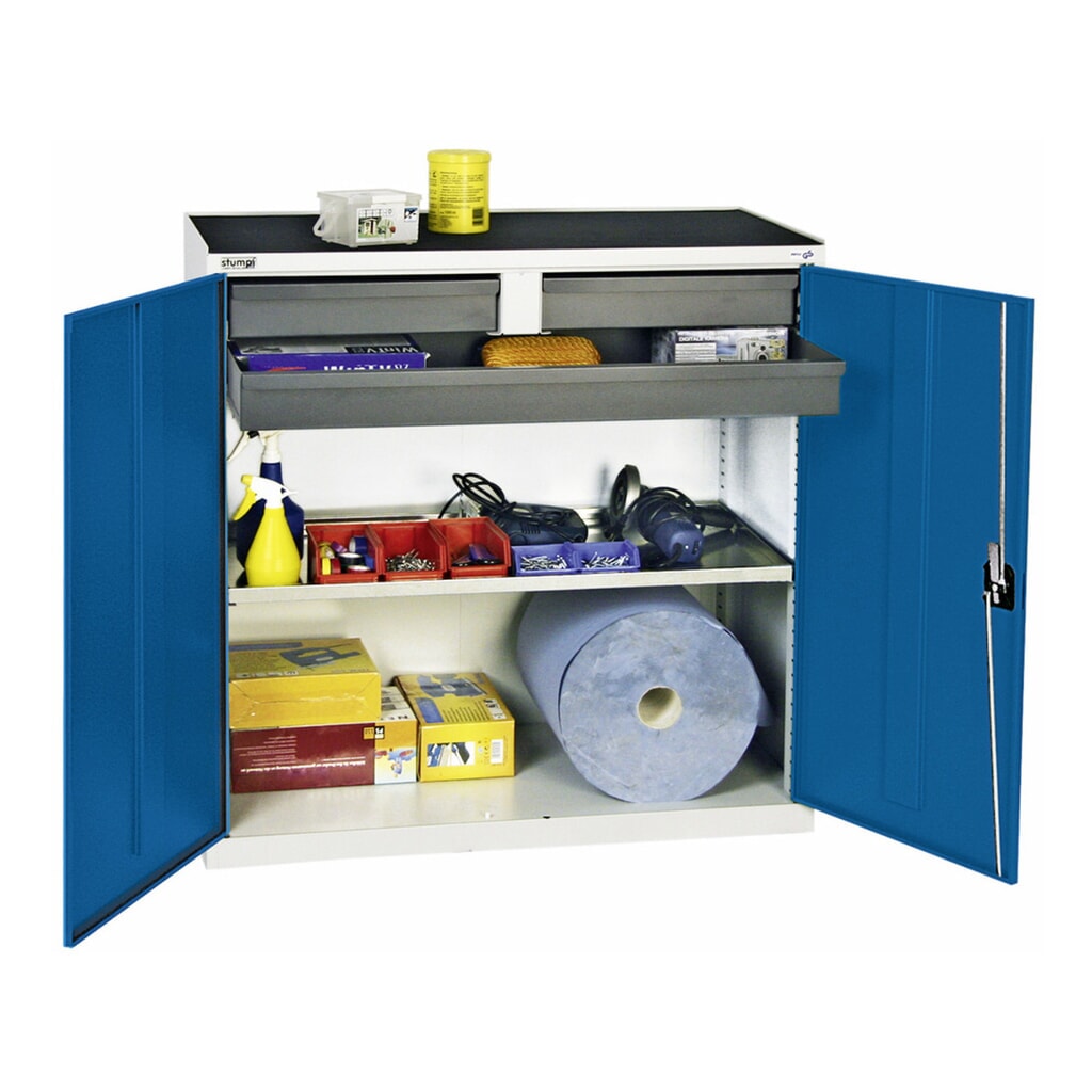 Produktabbildung Nr. 1: stumpf® Flügeltürschrank mit 3 Schubladen und 1 Wanne, HxBxT 1.000 x 1.000 x 500 mm, grau/blau