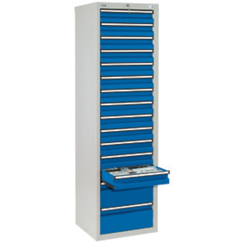 Produktabbildung: stumpf® Schubladenschrank, Schubladen 13x100 + 2x200 mm, HxBxT 1.800 x 500 x 500 mm, lichtgrau/enzianblau
