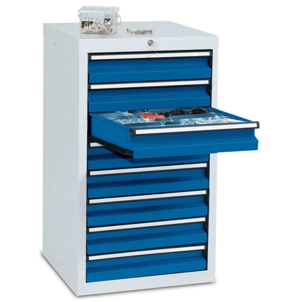 Produktabbildung: stumpf® Schubladenschrank, Schubladen 8x100 mm, HxBxT 900 x 500 x 500 mm, lichtgrau/enzianblau