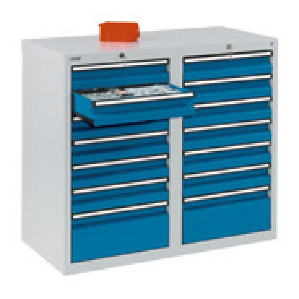 Produktabbildung: stumpf® Schubladenschrank, Schubladen 12x100 + 2x200 mm, HxBxT 900 x 1.000 x 500 mm, lichtgrau