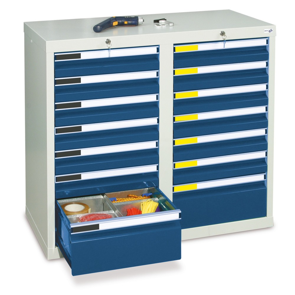Produktabbildung: stumpf® Schubladenschrank  Premium, Schubladen 12x100 + 2x200 mm, HxBxT 900 x 1.000 x 500 mm, lichtgrau/enzianblau