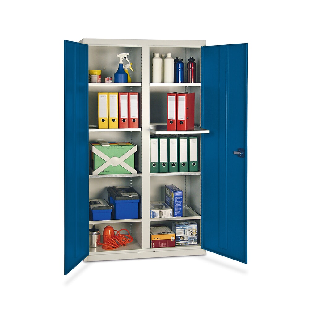 Produktabbildung: stumpf® Werkstatt-Flügeltürschrank mit 8 Wannen + Trennwand, HxBxT 1.800 x 1.000 x 500 mm, lichtgrau