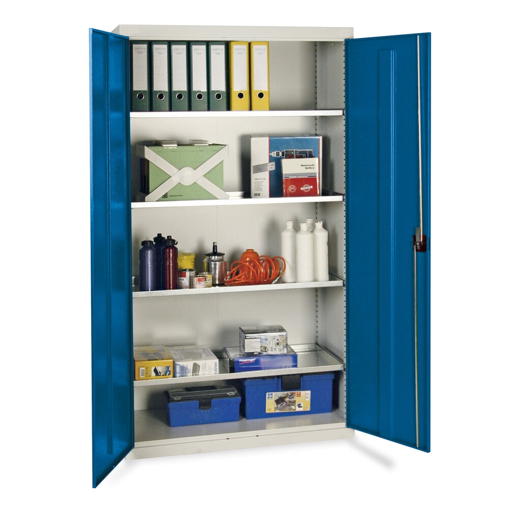 Produktabbildung: stumpf® Werkstatt-Flügeltürschrank mit 4 Wannen, HxBxT 1.800 x 1.000 x 500 mm, lichtgrau