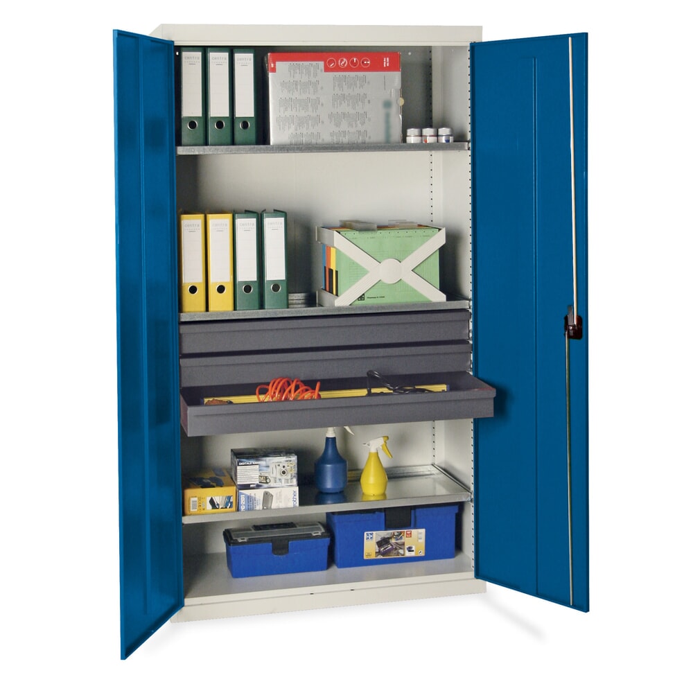 Produktabbildung: stumpf® Werkstatt-Flügeltürschrank mit 3 Schubladen + 3 Wannen, HxBxT 1.800 x 1.000 x 500 mm, lichtgrau/enzianblau