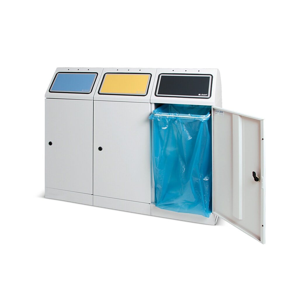 Produktabbildung: stumpf® Wertstoffsammler, 3x 70 Liter, mit Flügeltür und Abfallsackhalterung