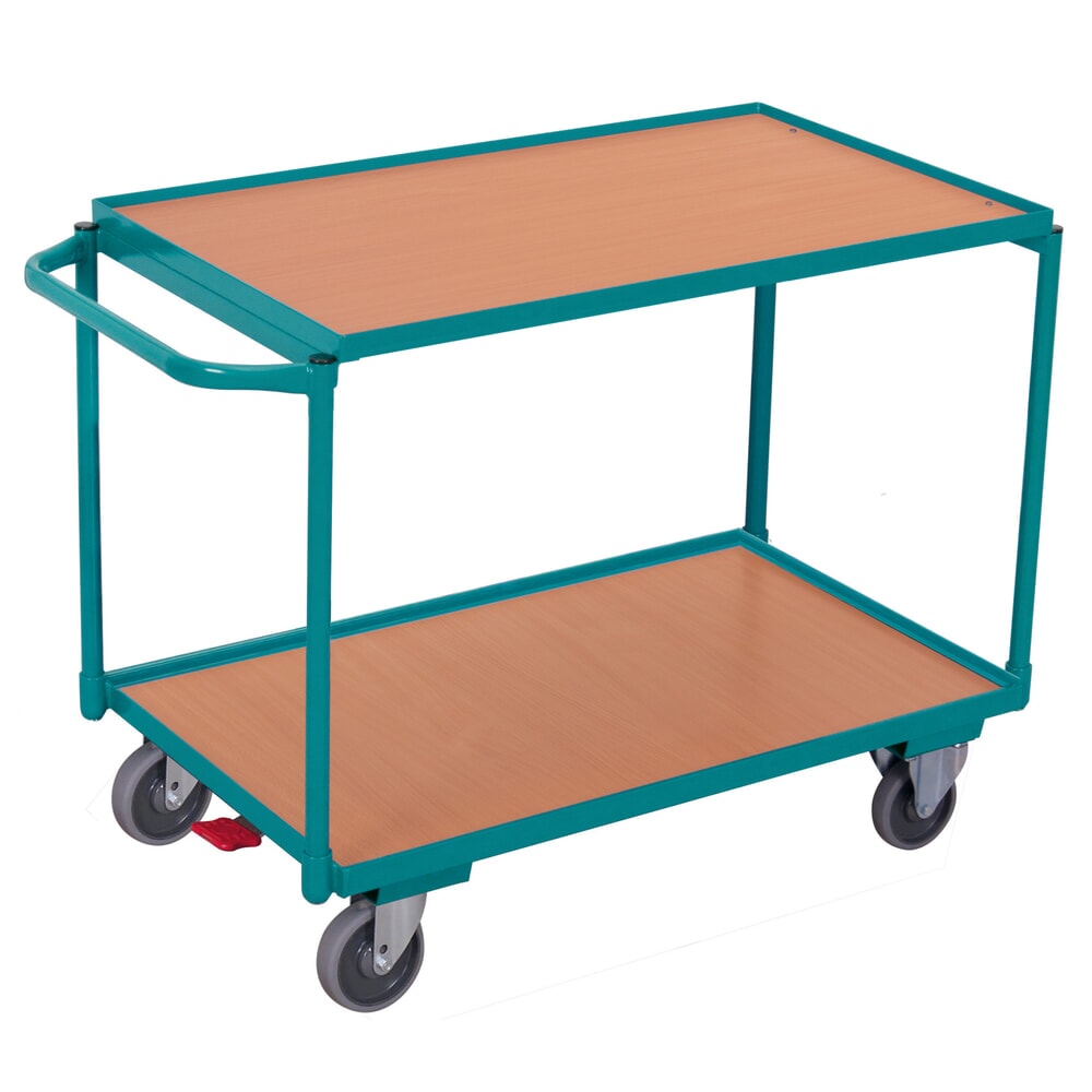 Produktabbildung: Tischwagen Ameise®, waagerechter Bügel, 2 Etagen à 850 x 500 mm, TK 250 kg, mit Zentralbremse