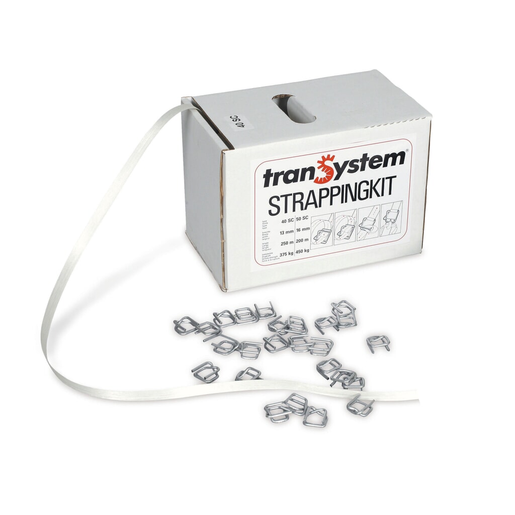 Umreifungsband-Set aus PET, verleimt, 16 mm x 200 lfm., inkl. Metallschnallen, weiss Produktabbildung: Umreifungsband-Set aus PET, verleimt, 16 mm x 200 lfm., inkl. Metallschnallen, weiss