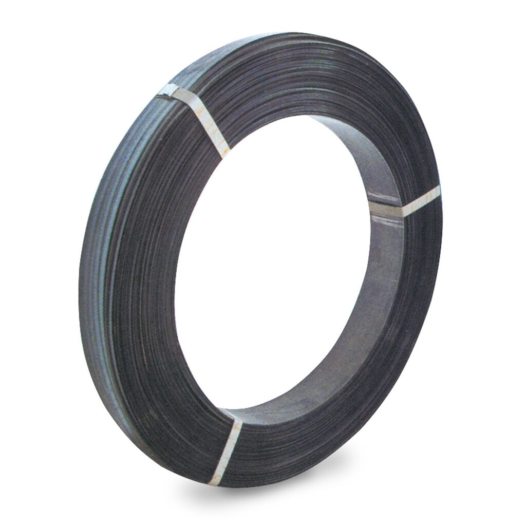 Stahlband, schwarz lackiert, mehrlagig, 19 mm x 650 lfm., Kern-Ø 406 mm, Stärke 0,50 mm, schwarz Produktabbildung: Stahlband, schwarz lackiert, mehrlagig, 19 mm x 650 lfm., Kern-Ø 406 mm, Stärke 0,50 mm, schwarz