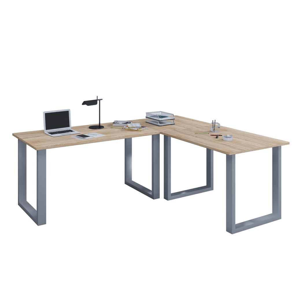 VCM Büro-Eckschreibtisch Lona, U-Fussgestell, Tischplatten BxT 1.100 x 800 und 1.100 x 800 mm, Sonoma-Eiche/silber Produktabbildung: VCM Büro-Eckschreibtisch Lona, U-Fussgestell, Tischplatten BxT 1.100 x 800 und 1.100 x 800 mm, Sonoma-Eiche/silber