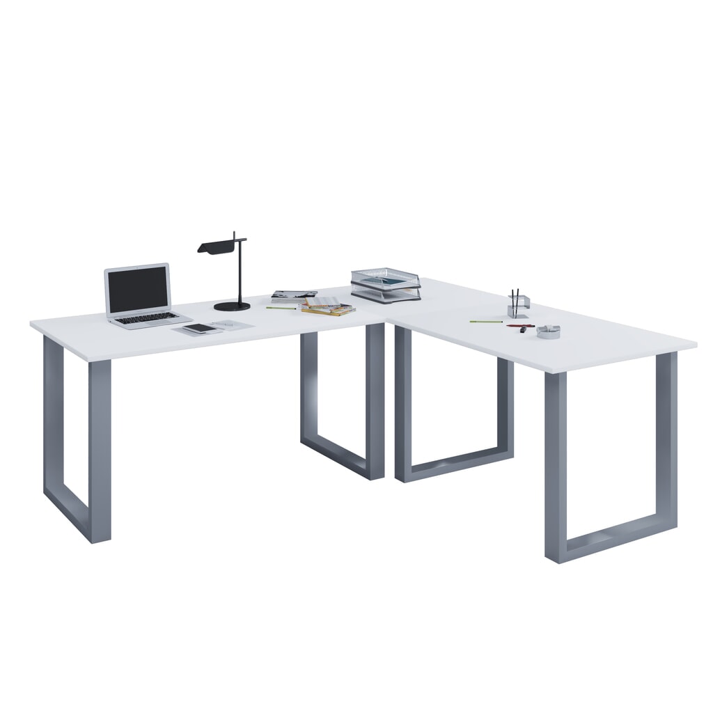 VCM Büro-Eckschreibtisch Lona, U-Fussgestell, Tischplatten BxT 1.400 x 800 und 1.100 x 800 mm, weiss/silber Produktabbildung: VCM Büro-Eckschreibtisch Lona, U-Fussgestell, Tischplatten BxT 1.400 x 800 und 1.100 x 800 mm, weiss/silber