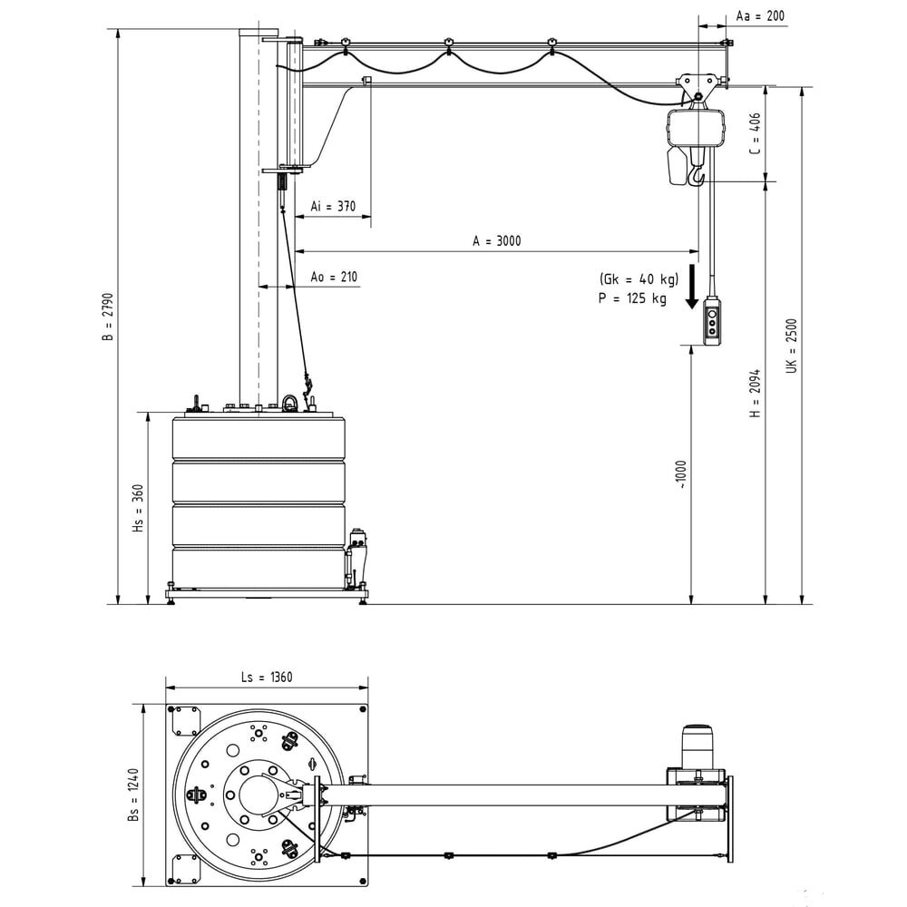 Produktabbildung Nr. 3: VETTER® Schwenkkran inkl. LIFTKET Elektrokettenzug, Schwenkbereich 270°, Ausladung 3.000 mm, TK 125 kg