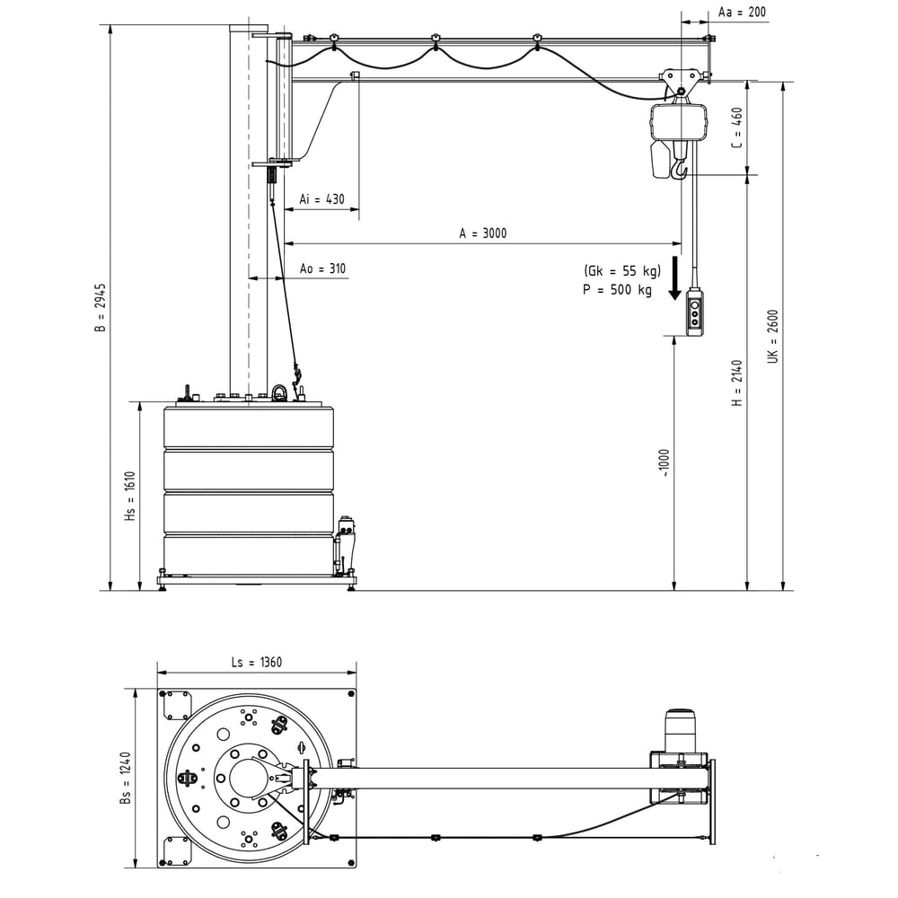 Produktabbildung Nr. 3: VETTER® Schwenkkran inkl. LIFTKET Elektrokettenzug, Schwenkbereich 270°, Ausladung 3.000 mm, TK 500 kg