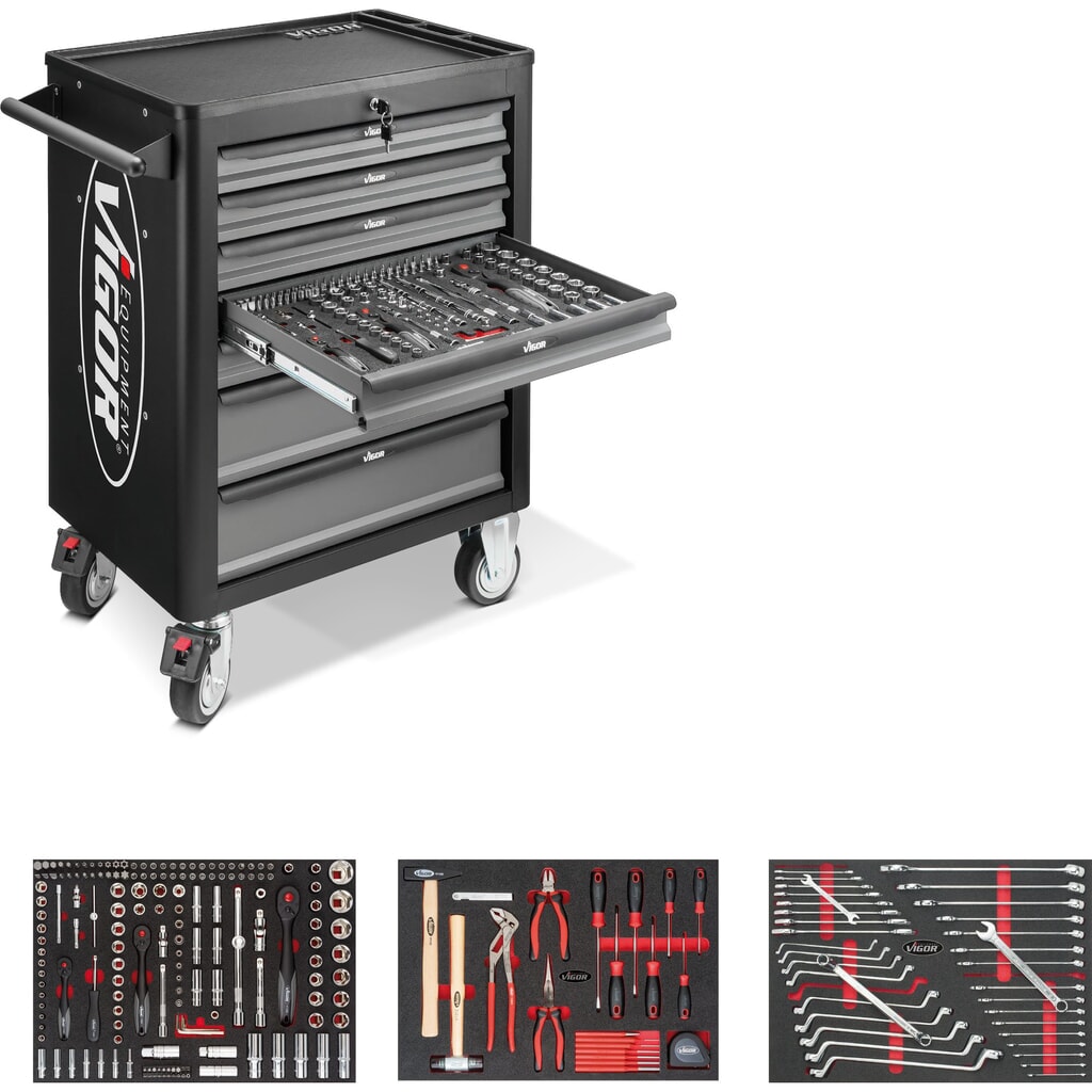 Produktabbildung: VIGOR® Werkzeugwagen 1000, 7 Schubladen, inkl. 248-teiligem Werkzeugsortiment