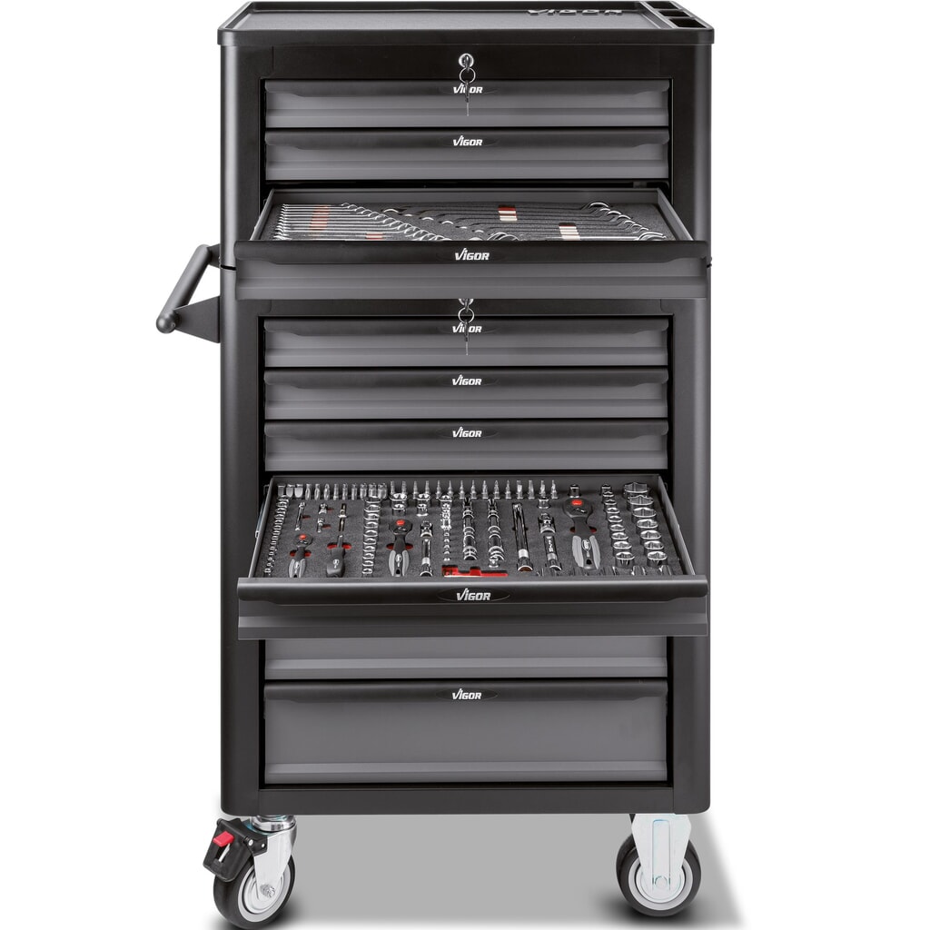 Produktabbildung Nr. 2: VIGOR® Werkzeugwagen 1000, 7 + 3 Schubladen + Aufsatzkoffer, inkl. 344-teiligem Werkzeugsortiment