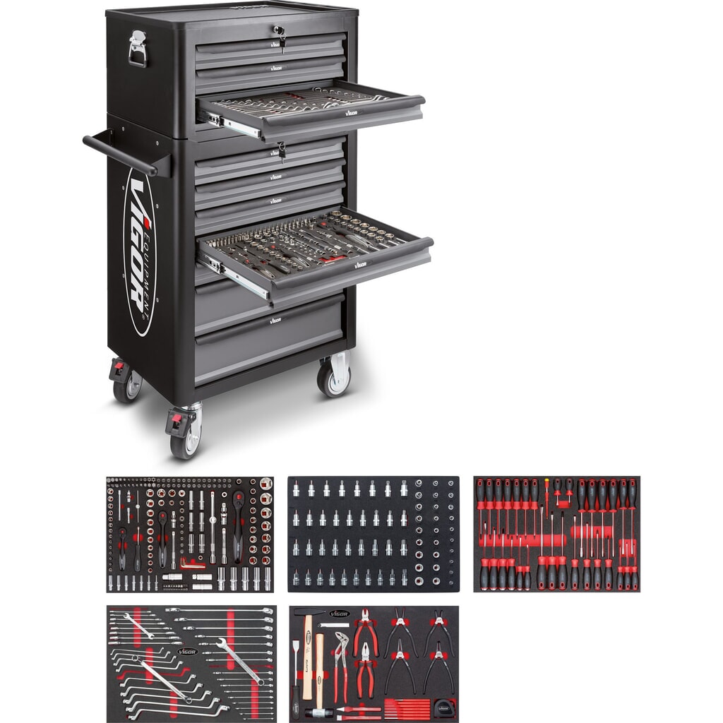 VIGOR® Werkzeugwagen 1000, 7 + 3 Schubladen + Aufsatzkoffer, inkl. 344-teiligem Werkzeugsortiment Produktabbildung: VIGOR® Werkzeugwagen 1000, 7 + 3 Schubladen + Aufsatzkoffer, inkl. 344-teiligem Werkzeugsortiment