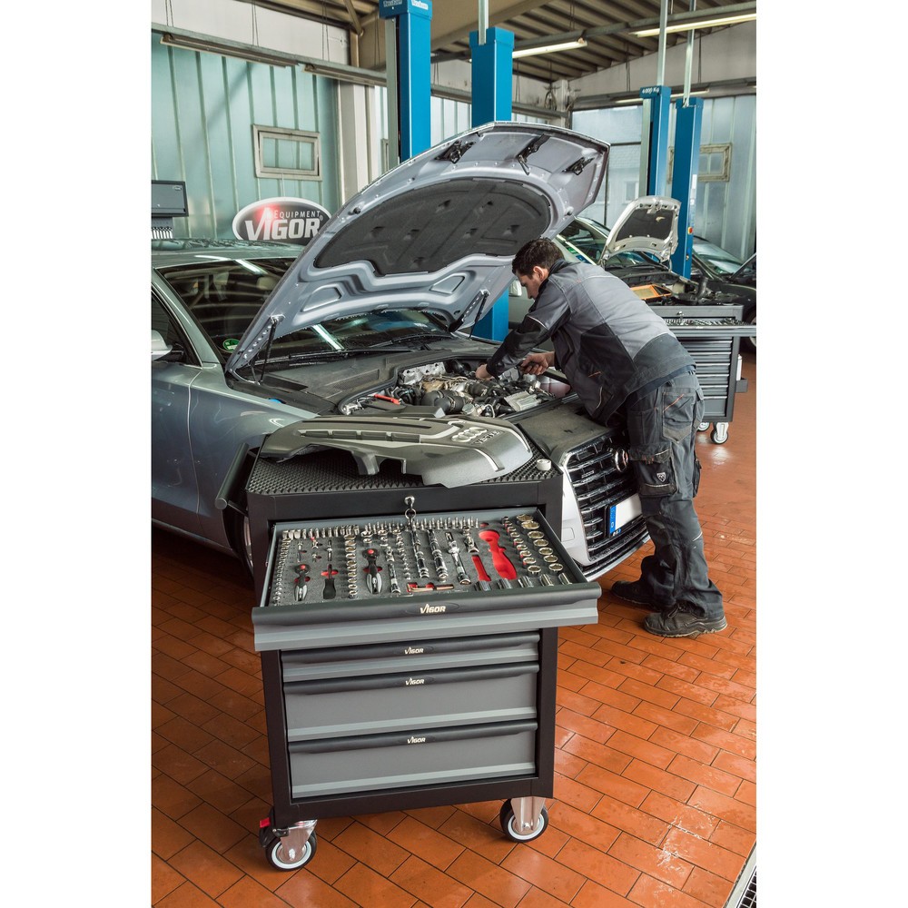 Produktabbildung Nr. 3: VIGOR® Werkzeugwagen 500N, 7 Schubladen, inkl. 163-teiligem Werkzeugsortiment