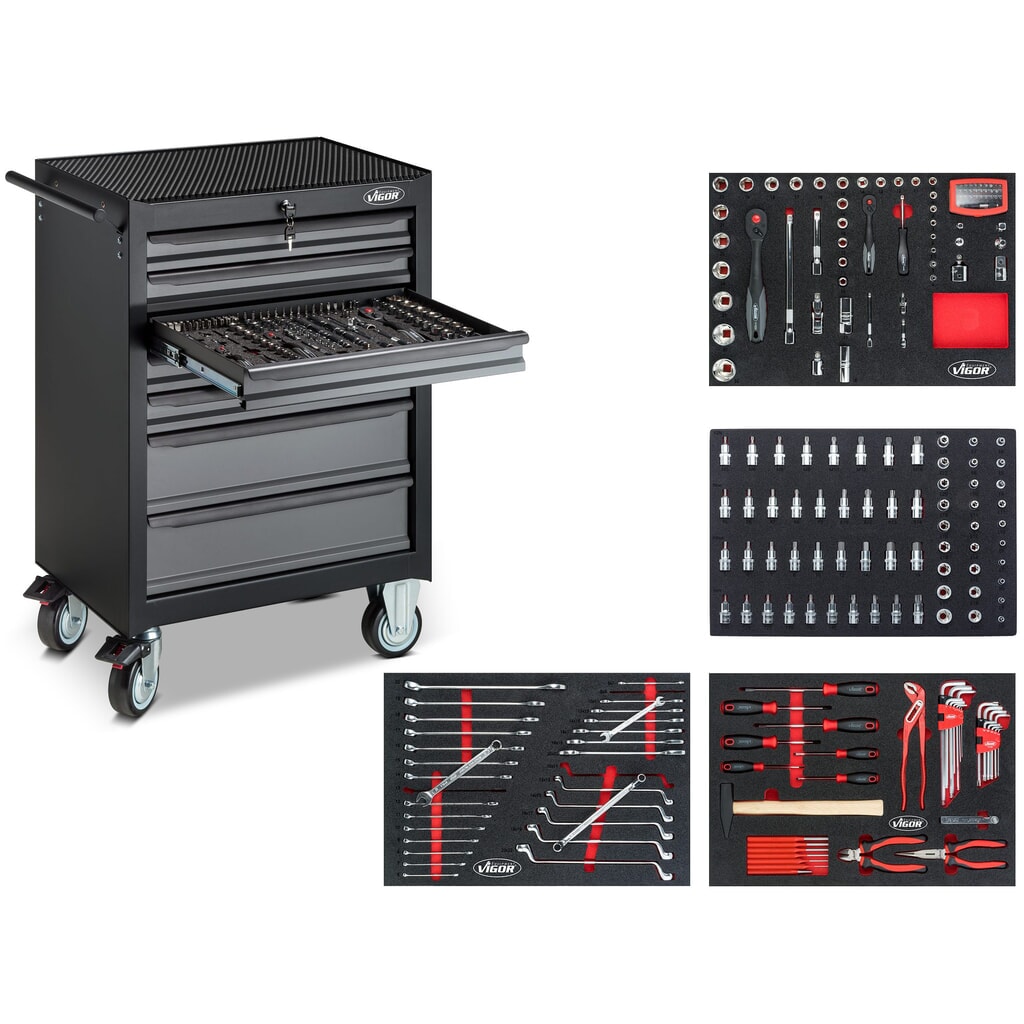 VIGOR® Werkzeugwagen 500N, 7 Schubladen, inkl. 227-teiligem Werkzeugsortiment Produktabbildung: VIGOR® Werkzeugwagen 500N, 7 Schubladen, inkl. 227-teiligem Werkzeugsortiment