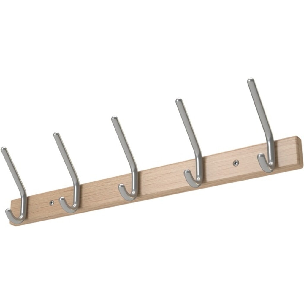 Wandgarderobe, 5 Hut-/5 Mantelhaken Länge 700 mm, Holzprofil Buche, Hakenabstand 150 mm Haken Alu Produktabbildung: Wandgarderobe, 5 Hut-/5 Mantelhaken Länge 700 mm, Holzprofil Buche, Hakenabstand 150 mm Haken Alu
