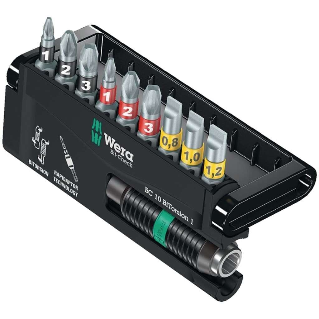 WERA Bitsortiment Bit-Check 10 BiTorsion 1 10-tlg.Schlitz/PH/PZD Produktabbildung: WERA Bitsortiment Bit-Check 10 BiTorsion 1 10-tlg.Schlitz/PH/PZD