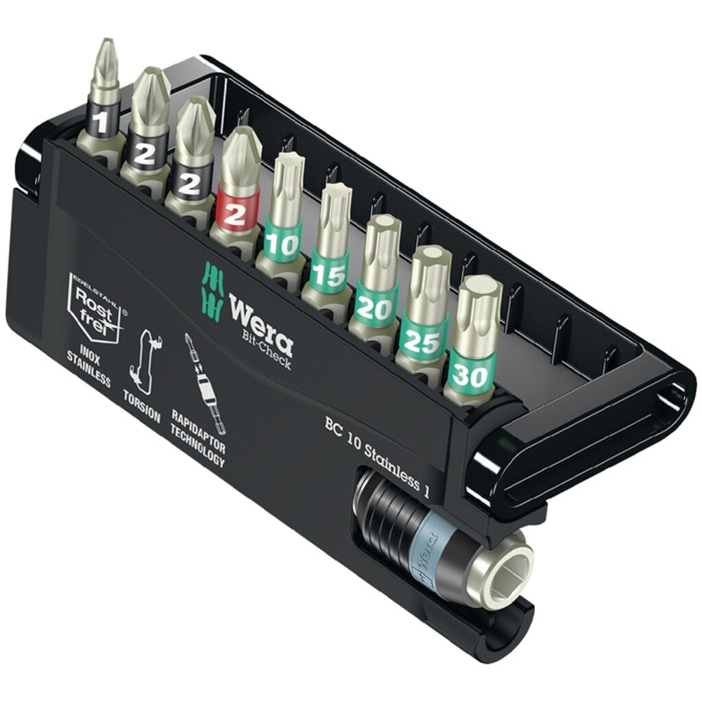 WERA Edelstahlbitsortiment BC 10 Stainless 1 10-tlg.PH/PZD/T/Schnellw.Halter Produktabbildung: WERA Edelstahlbitsortiment BC 10 Stainless 1 10-tlg.PH/PZD/T/Schnellw.Halter