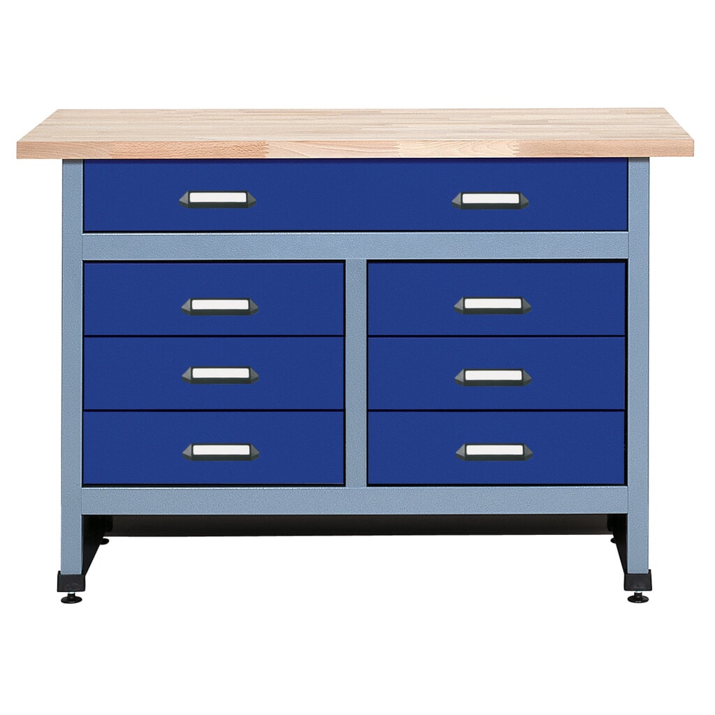 Werkbank mit 6 kleinen + 1 grossen Schublade, BxT 1.200 x 600 mm, blau Produktabbildung: Werkbank mit 6 kleinen + 1 grossen Schublade, BxT 1.200 x 600 mm, blau