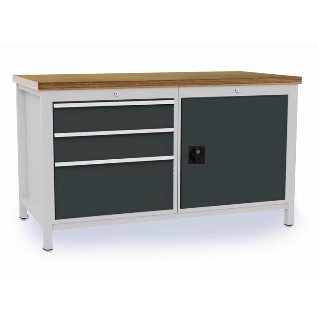 Produktabbildung: Werkbank, lichtgrau anthrazitgrau, B1500xT750xH859mm Buche Multiplex, 3 Schubladen 1 Tür