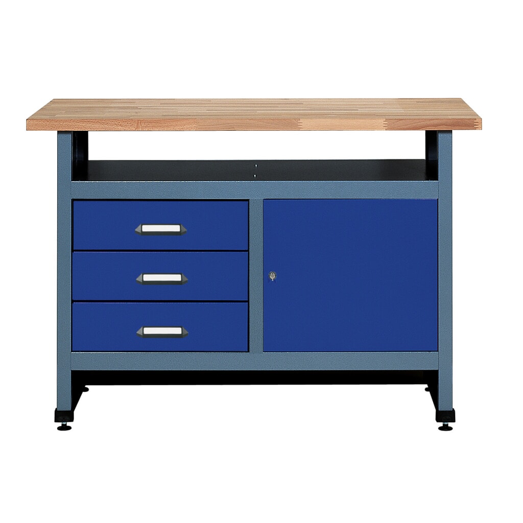 Produktabbildung: Werkbank mit 3 Schubladen + Tür + Ablagefach, BxT 1.200 x 600 mm, blau
