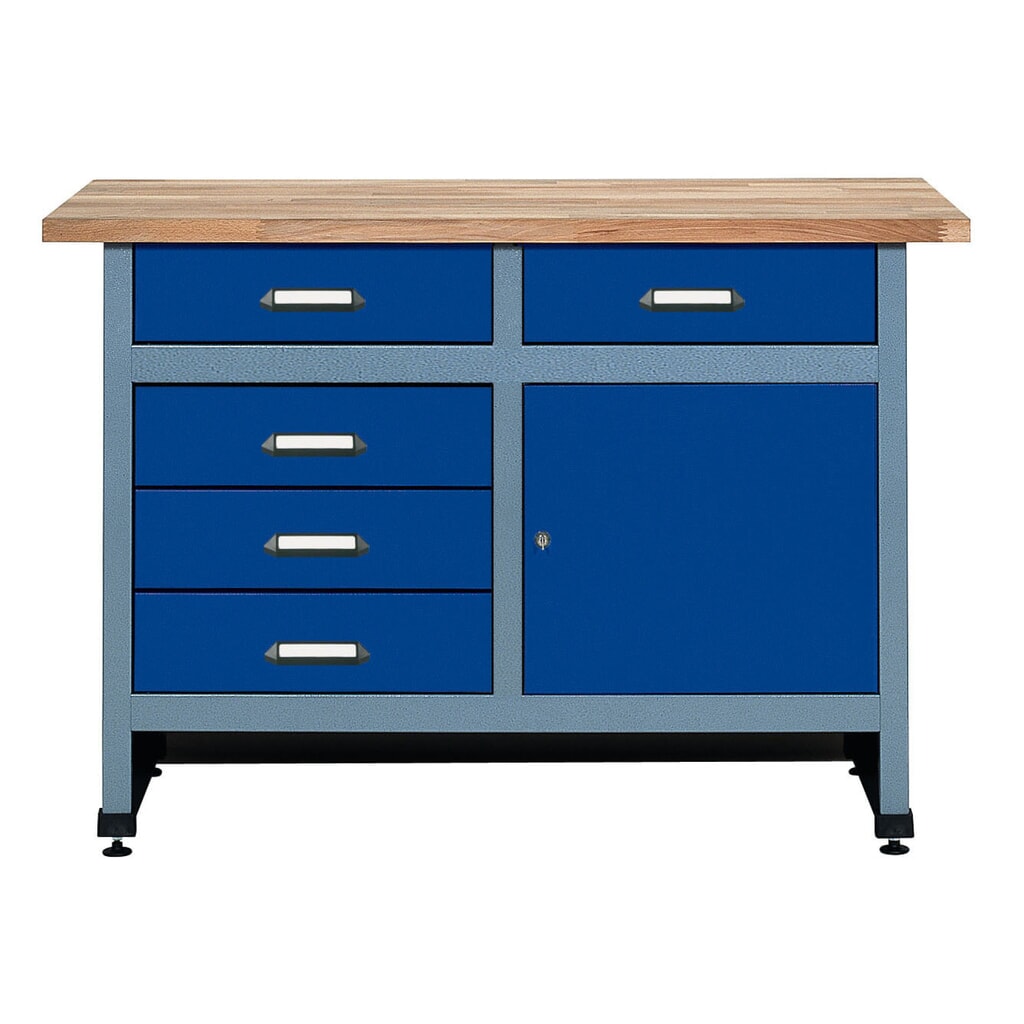Werkbank mit Schubladenblock + Tür, BxT 1.200 x 600 mm, blau Produktabbildung: Werkbank mit Schubladenblock + Tür, BxT 1.200 x 600 mm, blau