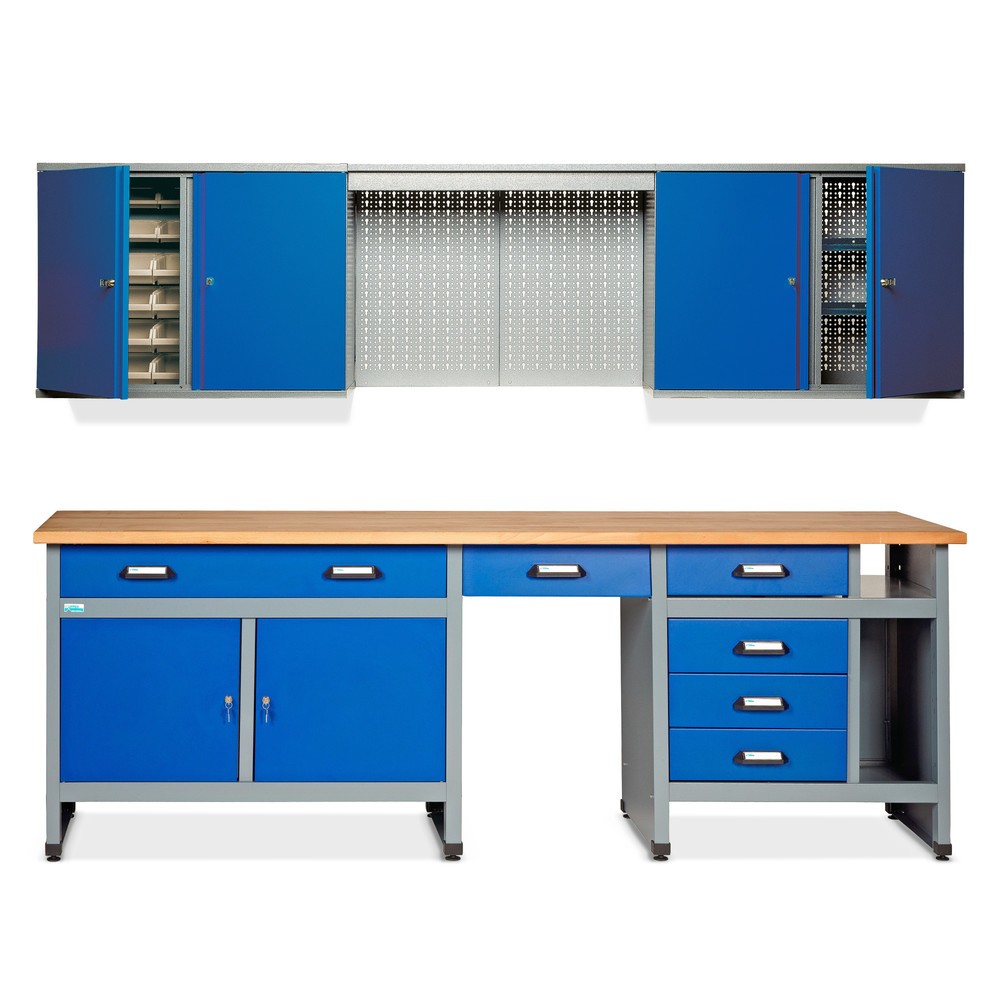 Produktabbildung Nr. 1: Werkstatt-Set Bern 2-teilig, Hängeschrank + Werkbank, Breite 2.400 mm, blau