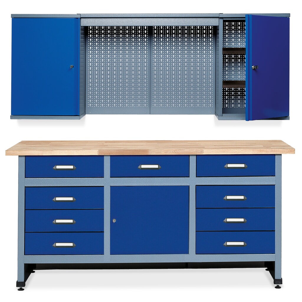 Werkstatt-Set Deister 2-teilig, Hängeschrank + Werkbank, Breite 1.700 mm, blau Produktabbildung: Werkstatt-Set Deister 2-teilig, Hängeschrank + Werkbank, Breite 1.700 mm, blau