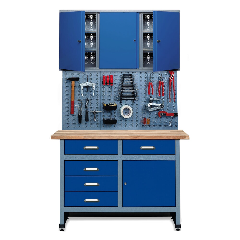 Produktabbildung: Werkstatt-Set Meran 3-teilig, Hängeschrank + Werkbank + Lochwand, Breite 1.200 mm, blau