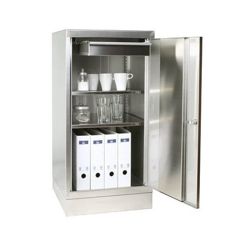 Produktabbildung: Reinsch Beistellschrank aus Edelstahl, 1-flügelig, 2 Fachböden, 1 Schublade, HxBxT 1.050 x 500 x 500 mm, Sockel