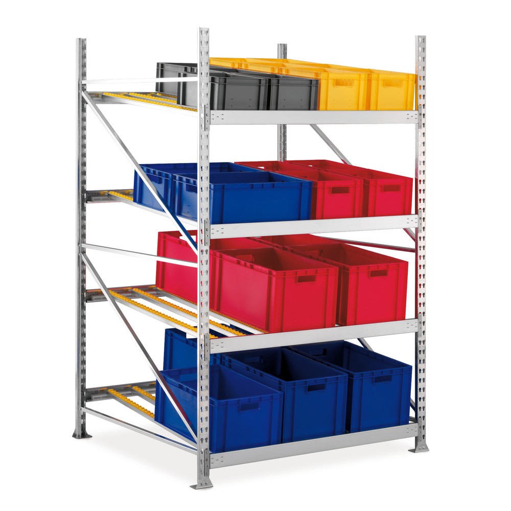 Produktabbildung: META Stückgut-Durchlaufregal Grundfeld, Fachlast 1200 kg, einseitig mit Rollenbahnen, HxBxT 2200 x 1407 x 1300 mm