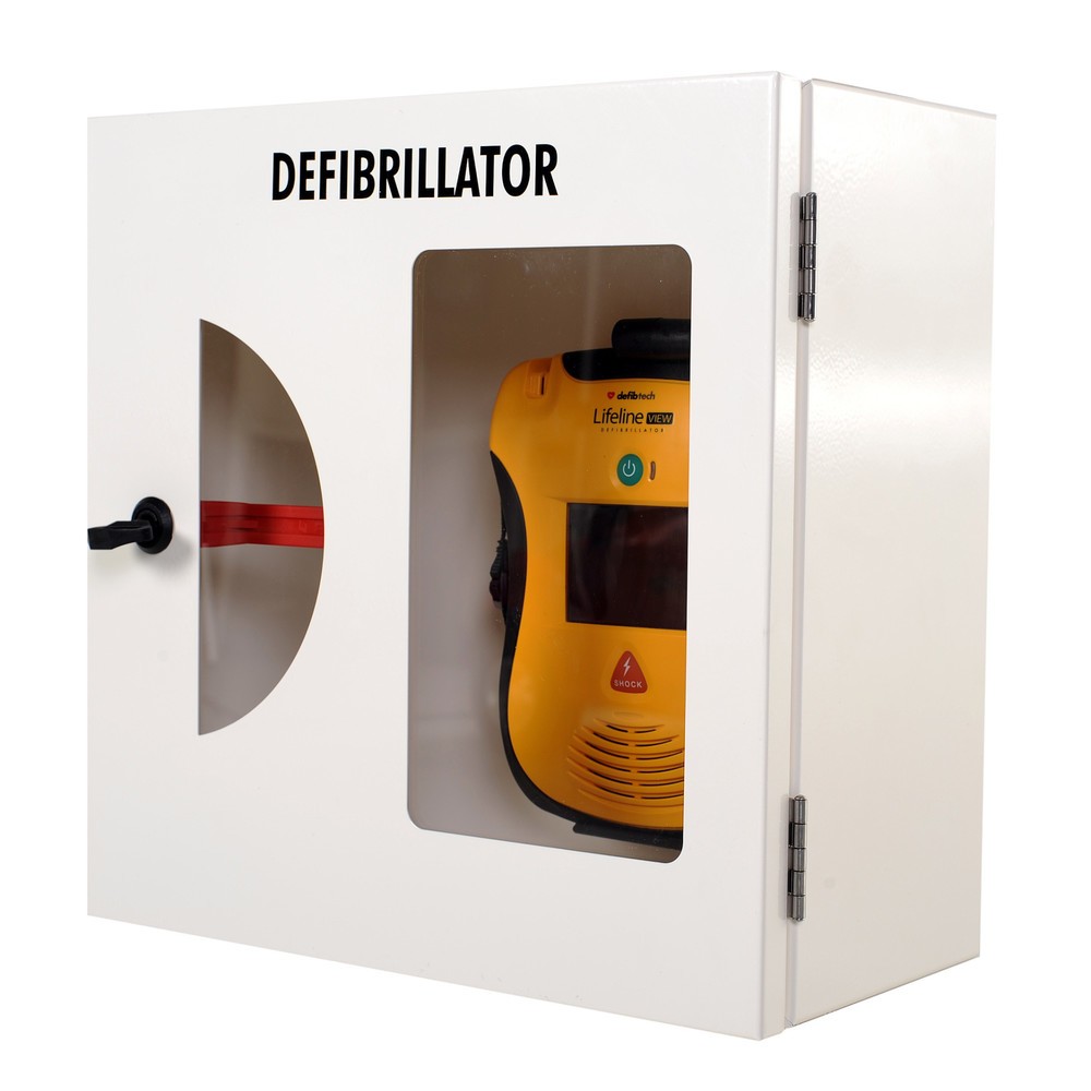 Produktabbildung: defibtech Defibrillatoren-Schrank mit Einschlagscheibe und akustischem Alarm, reinweiss