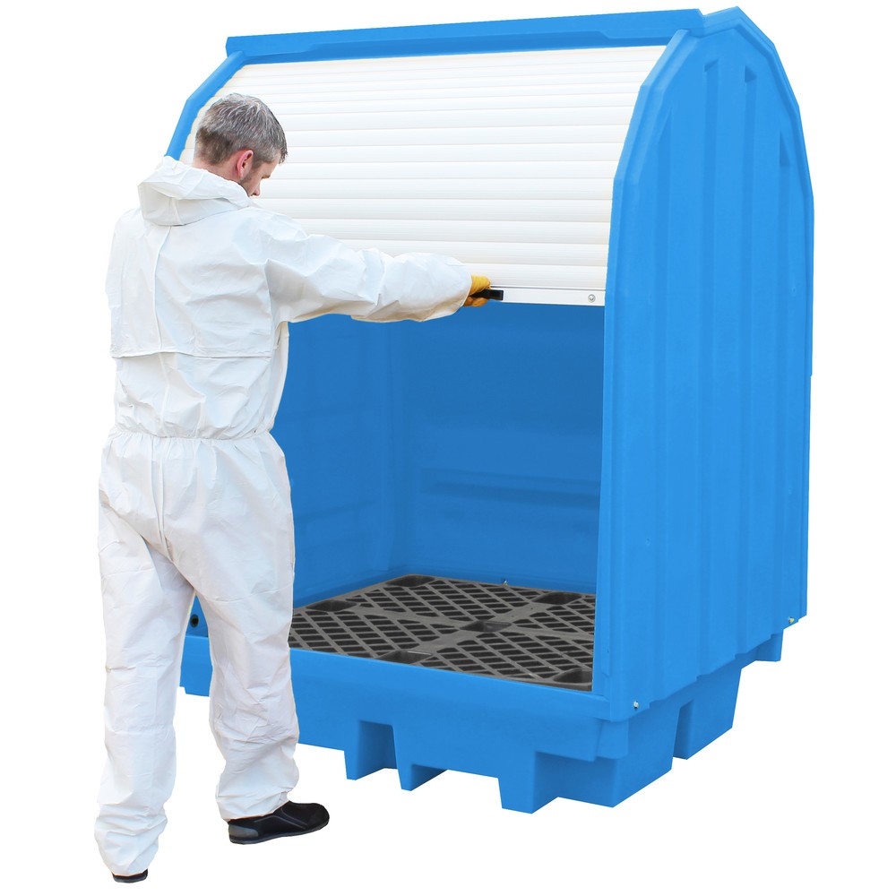GDépôt pour matières dangereuses en PE Steinbock®, volet roulant, pour 4 fûts de 200 litres