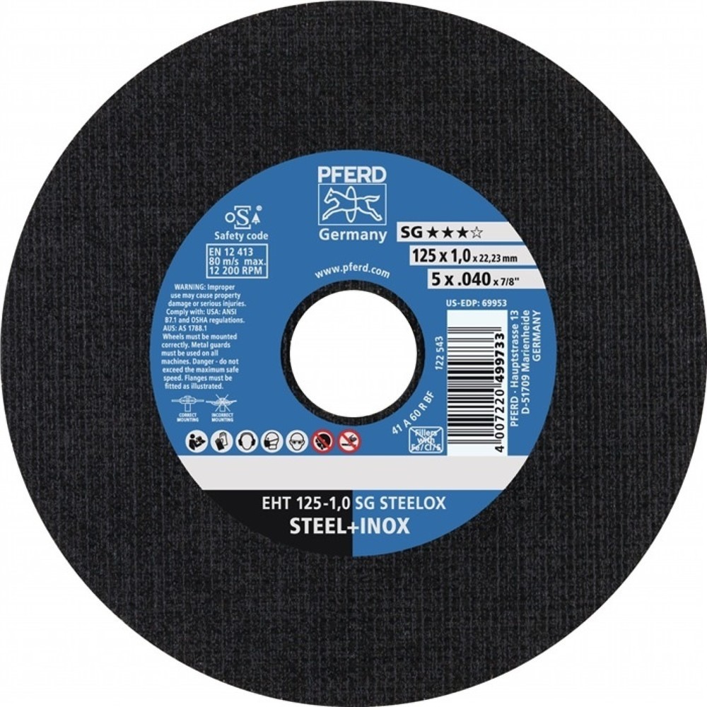Illustration du produit: Disque à tronçonner SG STEELOX D115x1 mm droit INOX perçage 22,23 mm PFERD