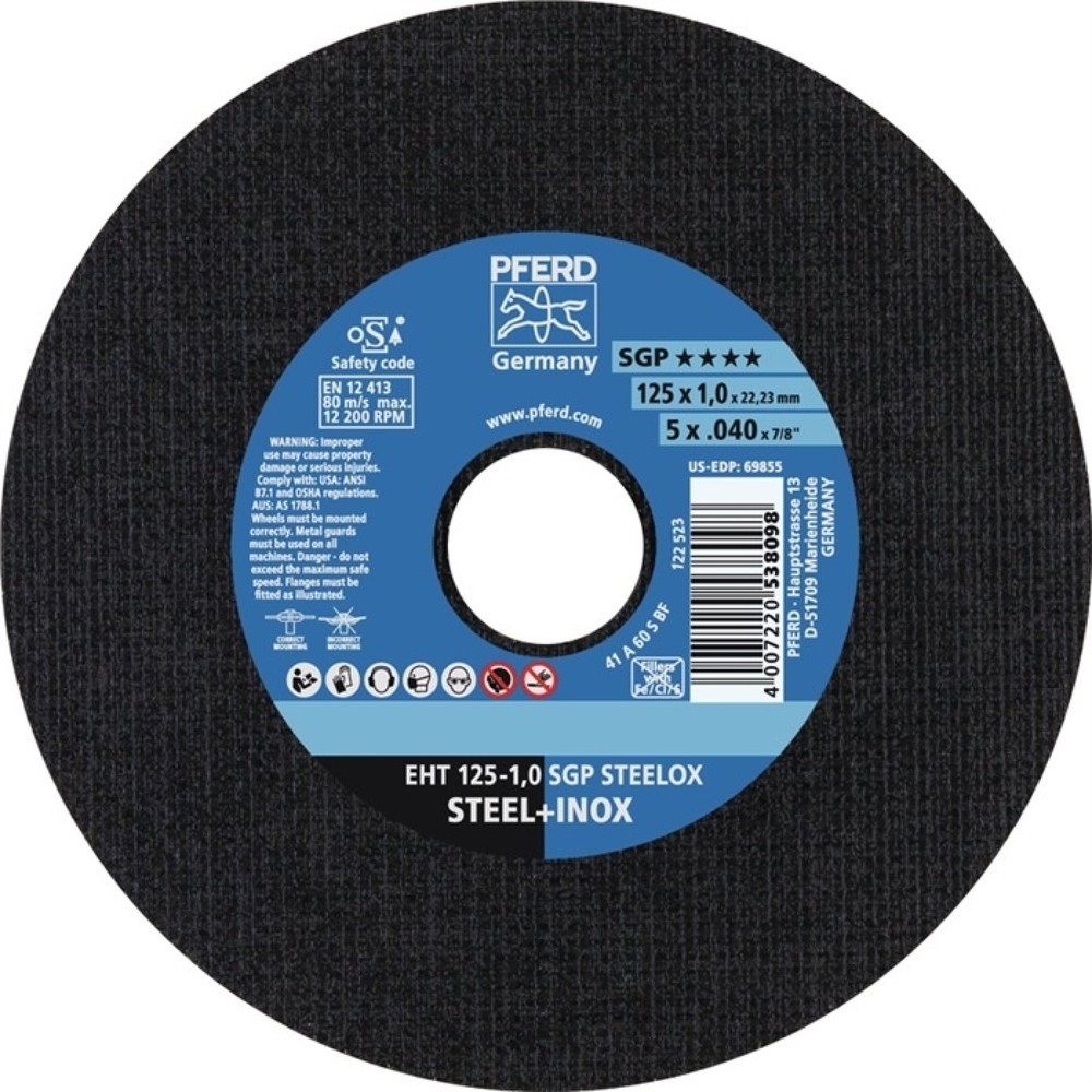 Illustration du produit: Disque à tronçonner SGP STEELOX D125x1 mm droit INOX perçage 22,23 mm PFERD