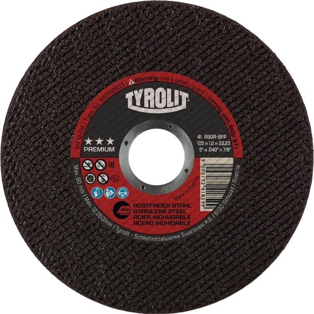Illustration du produit: Disque à tronçonner TYROLIT Premium D125 x 1 mm ger.inox foret 22,23 mm