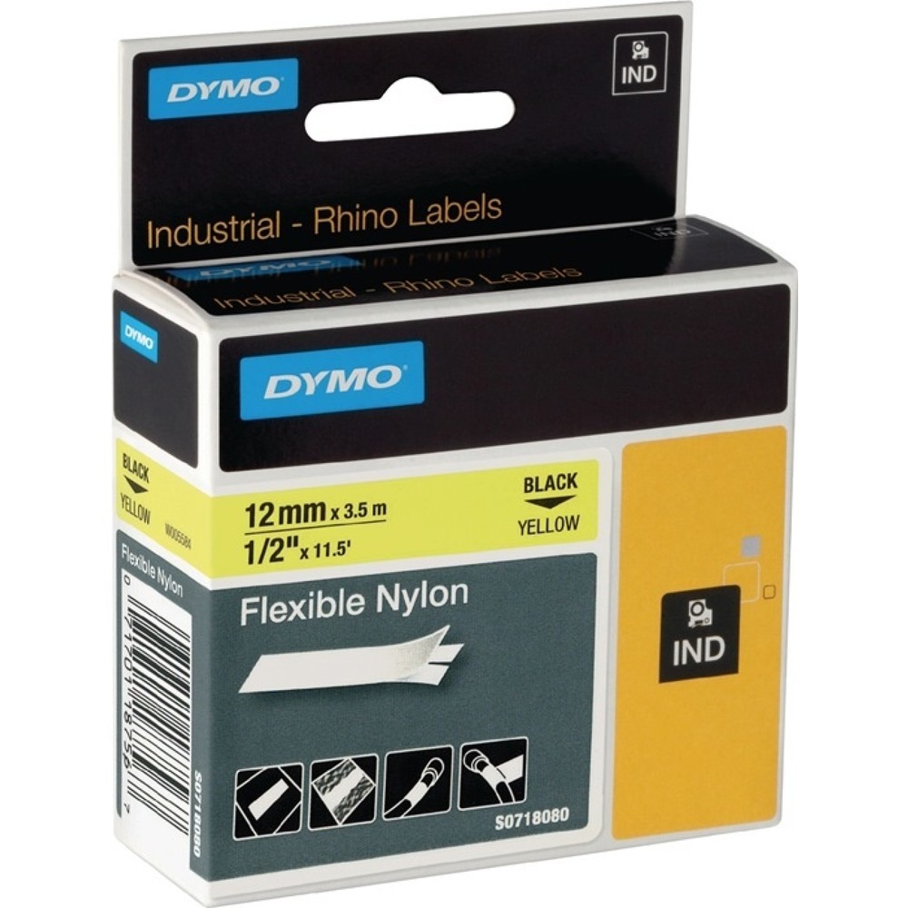 Produktabbildung: DYMO Schriftband, flexibles Nylonband, Bandbreite 12 mm Bandlänge 3,5 m, schwarz auf gelb