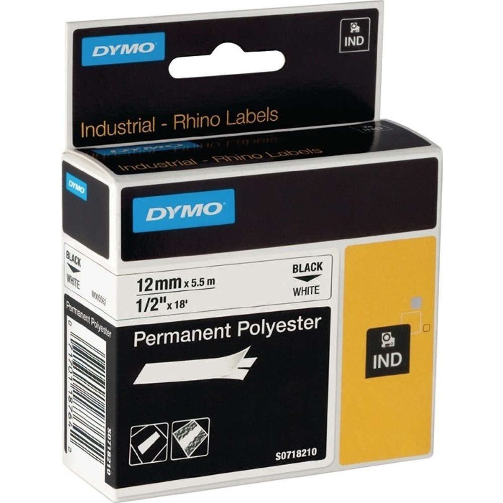 Produktabbildung: DYMO Schriftband, permanentes Polyesterband, Bandbreite 12 mm Bandlänge 5,5 m, schwarz auf weiss