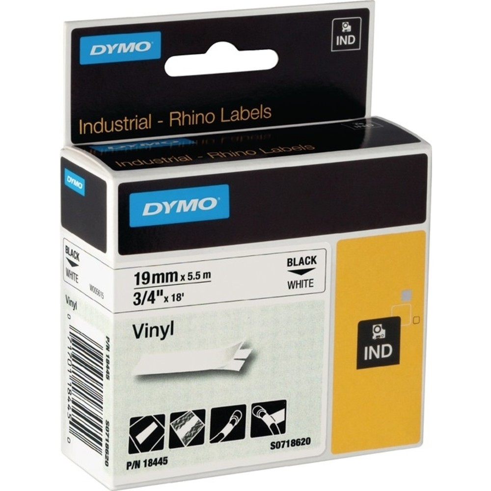 Produktabbildung: DYMO Schriftband, Vinylband, Bandbreite 19 mm Bandlänge 5,5 m, schwarz auf weiss