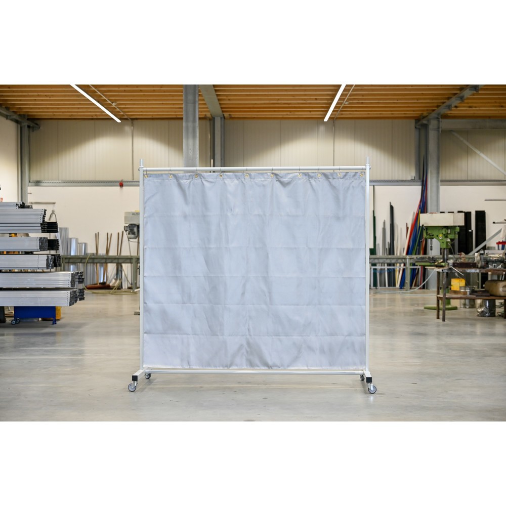 Illustration du produit: Écran de protection mobile à pans orientables, housse de protection thermique / contre les éclaboussures conforme DIN EN 13501-1, en 1 partie, lamelles 2 mm, gris/argent