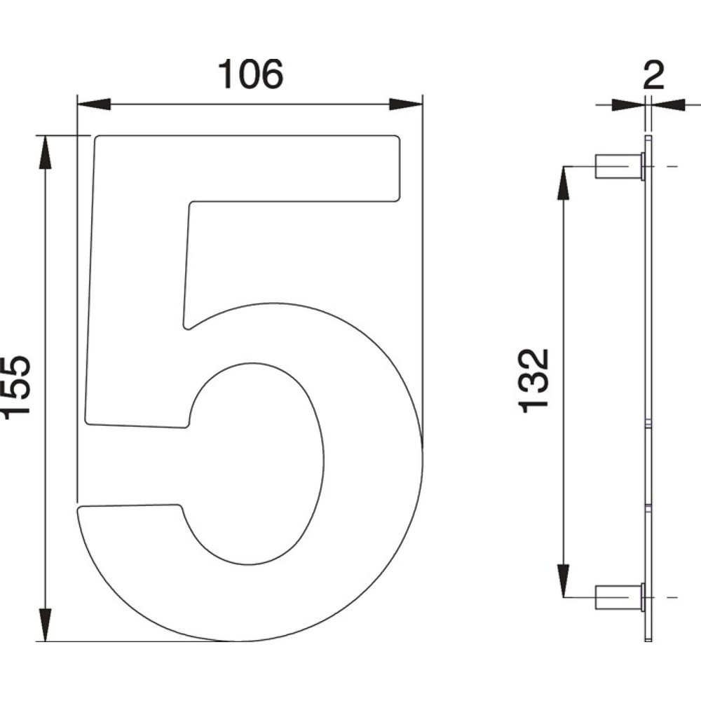 Produktabbildung: EDI Hausnummer Ziffer 5, 150 mm Breite 106 mm, Edelstahl matt
