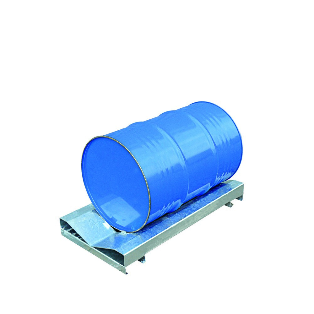 Produktabbildung Nr. 1: Eichinger® Palette à fût spécial rayonnage pour une position sûre lors du transport et dans le rayonnage, 1 x fût bleu gentiane